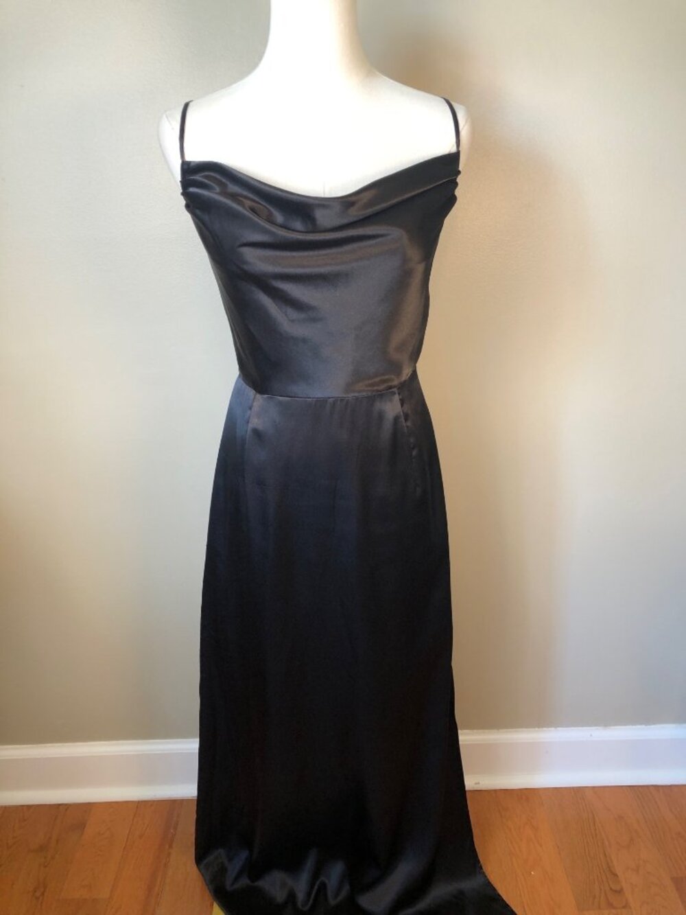 Forever 21 Black Cowl Neck Maxi Slip Dress Front Slit Sz L Y2K Whimsical Sultry